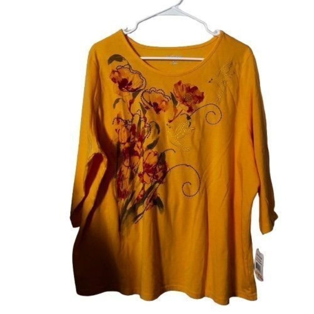 #41 Breckenridge Women's 3/4 Sleeve Top 2X NWT Yellow Floral Hummingbird